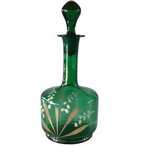 Hand Blown Glass Decanter Signed Hand Painted Flowers Green Gold 10" Stopper